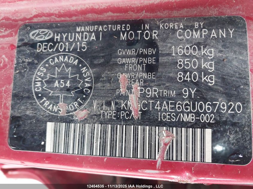 2016 Hyundai Accent Le VIN: KMHCT4AE6GU067920 Lot: 12454535