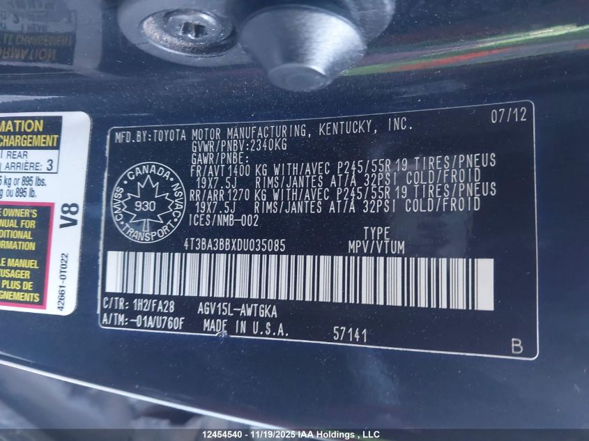 2013 Toyota Venza VIN: 4T3BA3BBXDU035085 Lot: 12454540