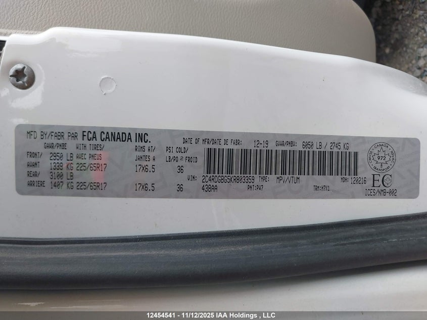 2C4RDGBG5KR803359 2019 DODGE CARAVAN photo no. 9