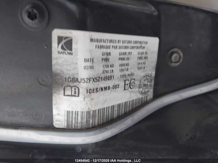 2005 Saturn Ion Level 2 VIN: 1G8AJ52FX5Z149691 Lot: 12454542