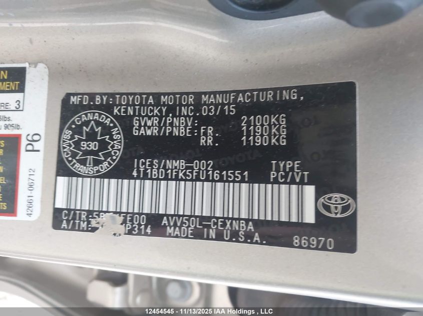 2015 Toyota Camry Hybrid Le VIN: 4T1BD1FK5FU161551 Lot: 12454545