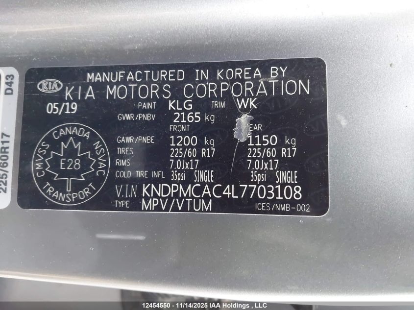 2020 Kia Sportage Lx/Lx Anniversary/Lx S VIN: KNDPMCAC4L7703108 Lot: 12454550