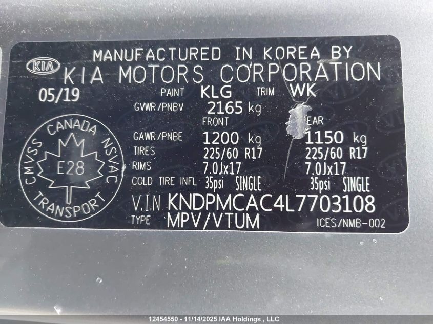 2020 Kia Sportage Lx/Lx Anniversary/Lx S VIN: KNDPMCAC4L7703108 Lot: 12454550