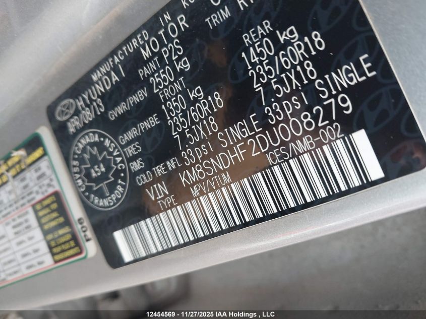 2013 Hyundai Santa Fe Xl Premium VIN: KM8SNDHF2DU008279 Lot: 12454569