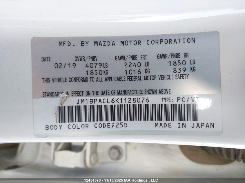 2019 Mazda 3 Preferred Plus VIN: JM1BPACL6K1128076 Lot: 12454570