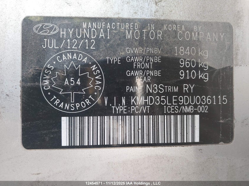 2013 Hyundai Elantra Gt Gls VIN: KMHD35LE9DU036115 Lot: 12454571