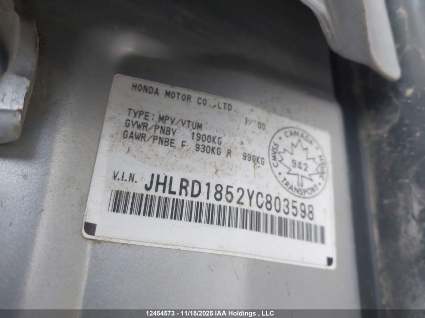 2000 Honda Cr-V Ex VIN: JHLRD1852YC803598 Lot: 12454573