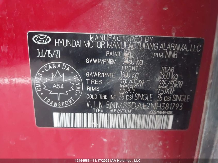 2022 Hyundai Santa Fe VIN: 5NMS3DAL2NH381793 Lot: 12454588