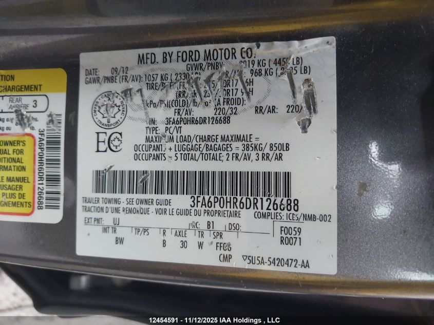 2013 Ford Fusion Se VIN: 3FA6P0HR6DR126688 Lot: 12454591