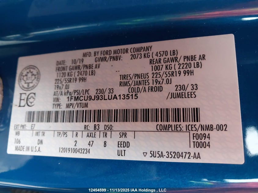 1FMCU9J93LUA13515 2020 FORD ESCAPE photo no. 9