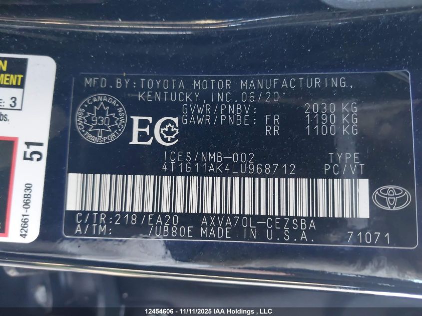 2020 Toyota Camry Se/Se Night Shade VIN: 4T1G11AK4LU968712 Lot: 12454606