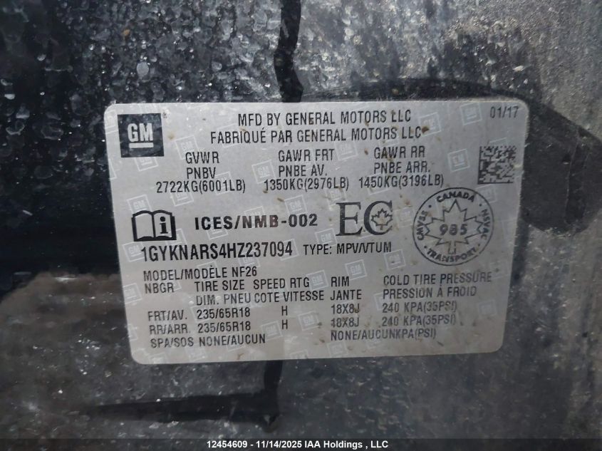 2017 Cadillac Xt5 VIN: 1GYKNARS4HZ237094 Lot: 12454609