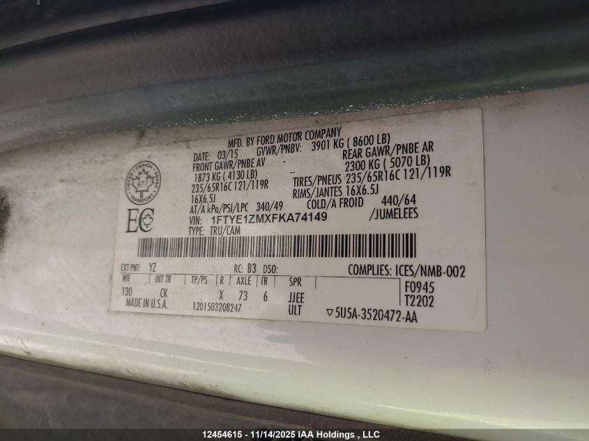 2015 Ford Transit T-150 VIN: 1FTYE1ZMXFKA74149 Lot: 12454615