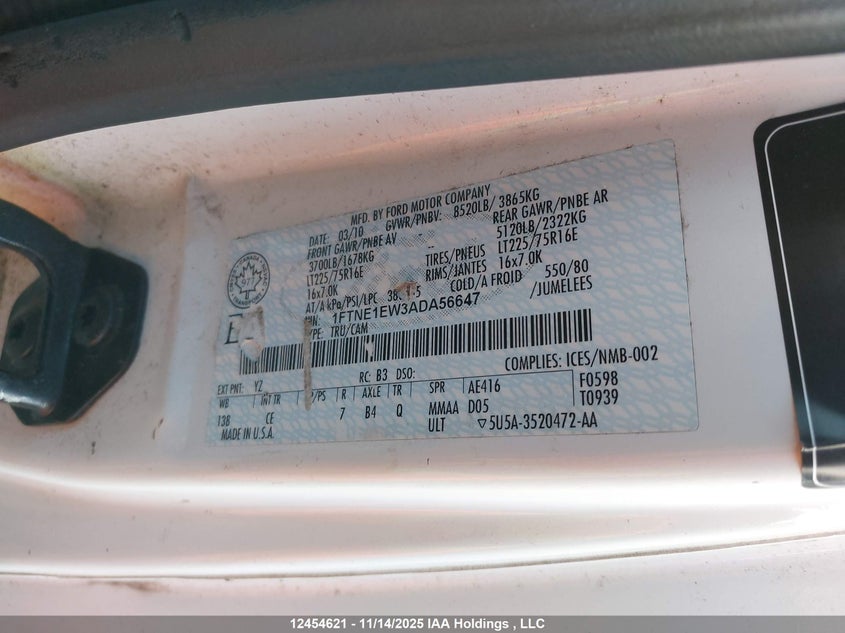 2010 Ford Econoline E150 Van VIN: 1FTNE1EW3ADA56647 Lot: 12454621