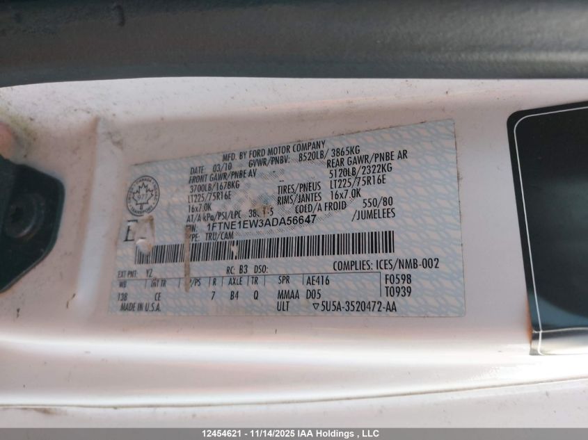 2010 Ford Econoline E150 Van VIN: 1FTNE1EW3ADA56647 Lot: 12454621