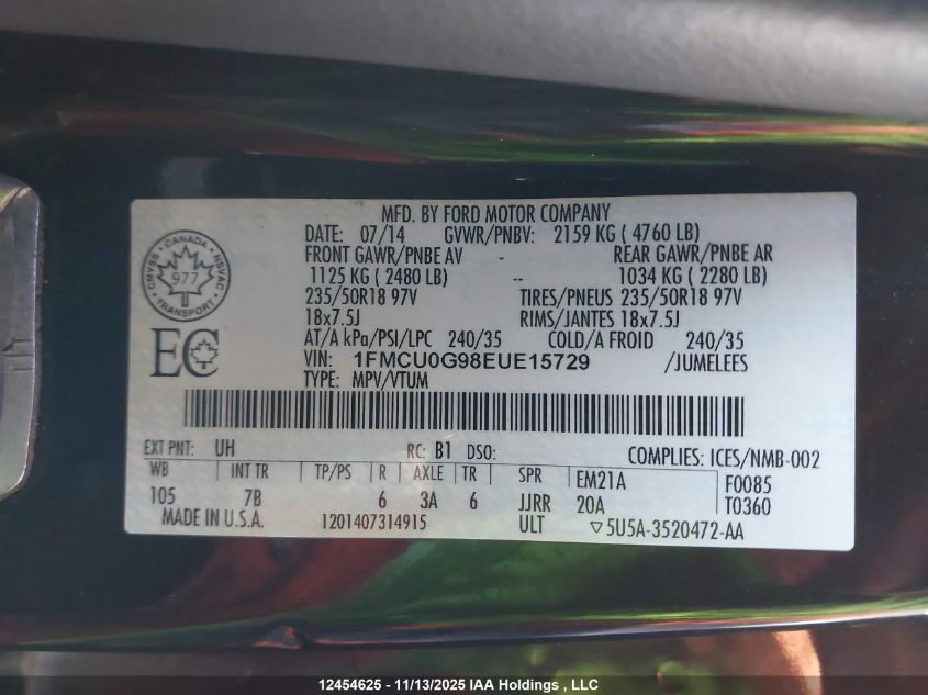 2014 Ford Escape Se VIN: 1FMCU0G98EUE15729 Lot: 12454625