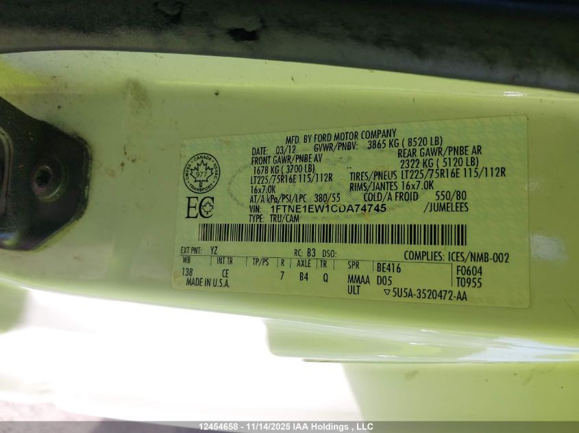 2012 Ford Econoline E150 Van VIN: 1FTNE1EW1CDA74745 Lot: 12454658