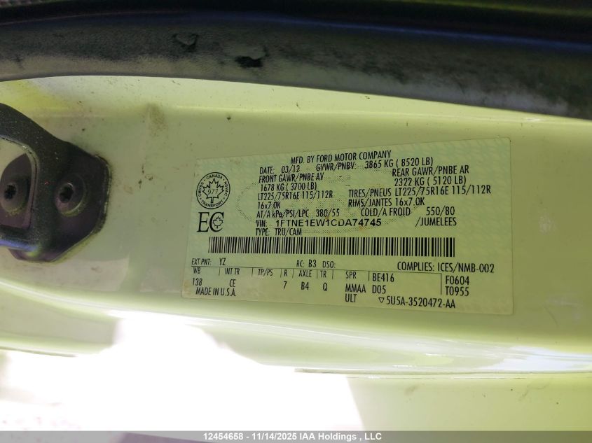 2012 Ford Econoline E150 Van VIN: 1FTNE1EW1CDA74745 Lot: 12454658