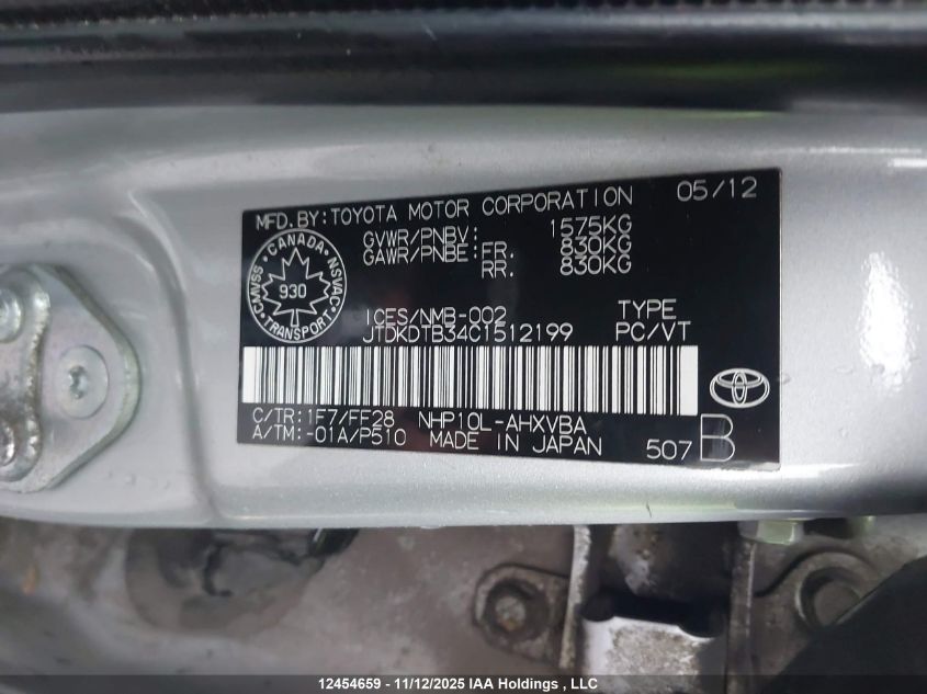 2012 Toyota Prius C Technology VIN: JTDKDTB34C1512199 Lot: 12454659