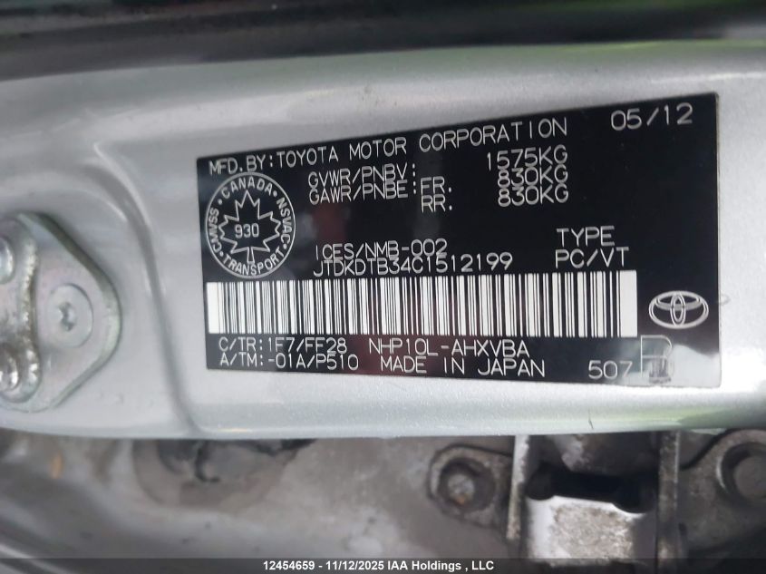 2012 Toyota Prius C Technology VIN: JTDKDTB34C1512199 Lot: 12454659