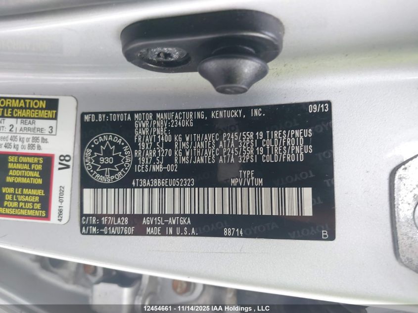 2014 Toyota Venza VIN: 4T3BA3BB6EU052323 Lot: 12454661