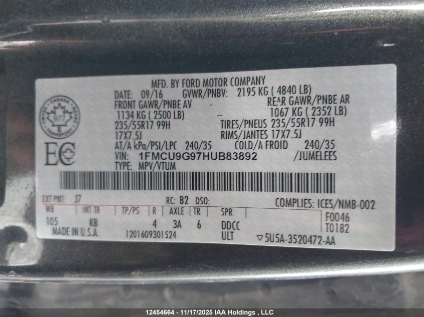 2017 Ford Escape VIN: 1FMCU9G97HUB83892 Lot: 12454664