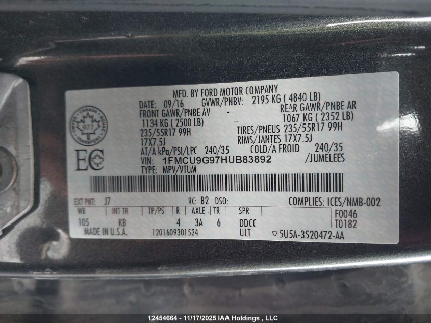 2017 Ford Escape VIN: 1FMCU9G97HUB83892 Lot: 12454664