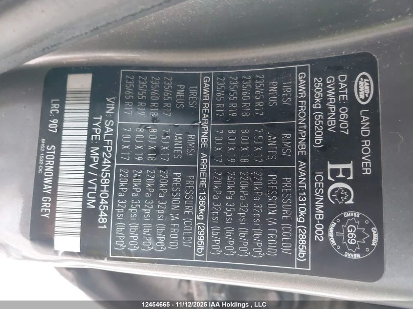 2008 Land Rover Lr2 Se VIN: SALFP24N58H045481 Lot: 12454665