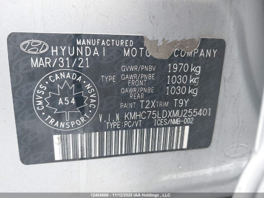 2021 Hyundai Ioniq Sel VIN: KMHC75LDXMU255401 Lot: 12454666