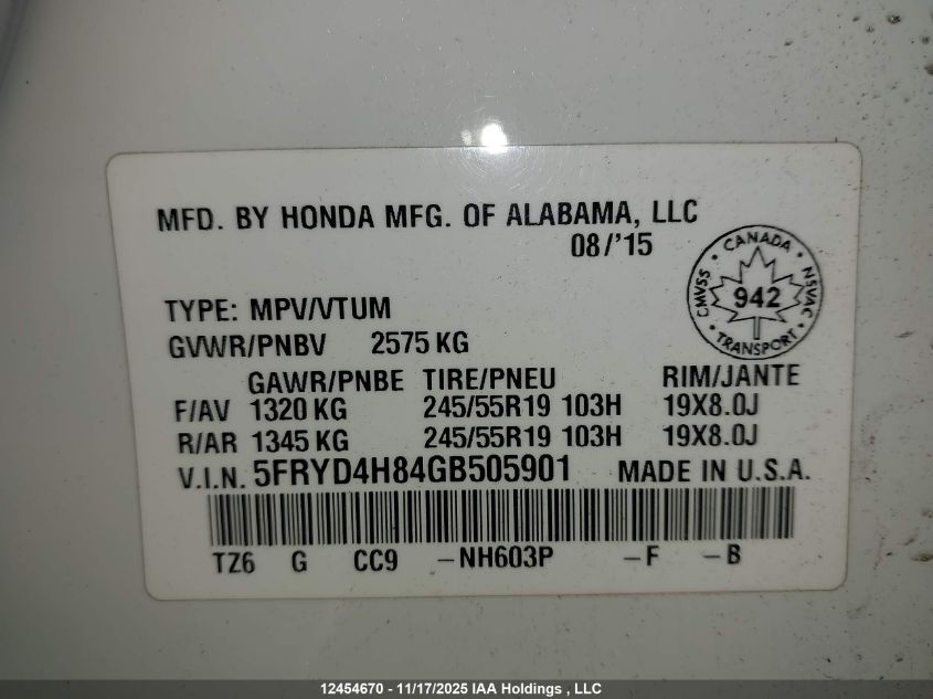 2016 Acura Mdx Elite Package VIN: 5FRYD4H84GB505901 Lot: 12454670