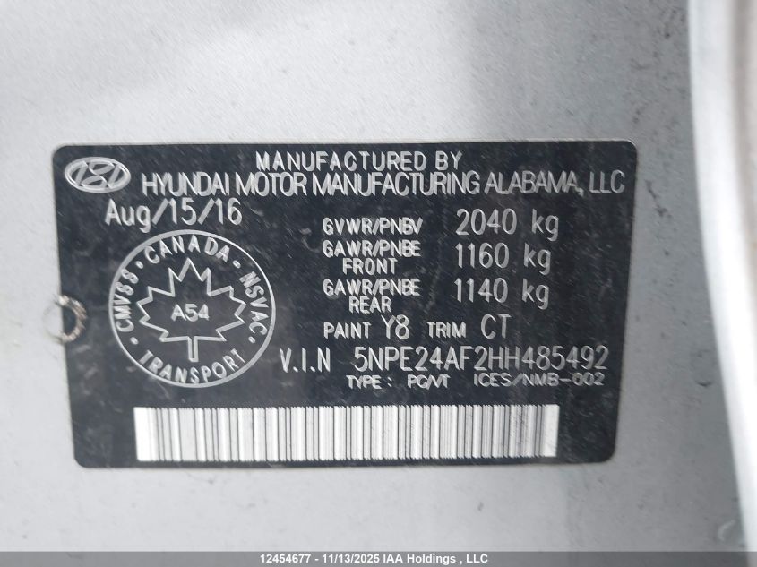 2017 Hyundai Sonata Gl VIN: 5NPE24AF2HH485492 Lot: 12454677