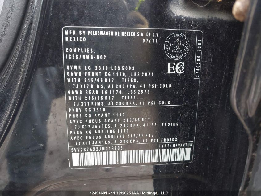 2018 Volkswagen Tiguan Comfortline VIN: 3VV2B7AX2JM013985 Lot: 12454681