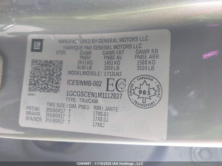 2021 Chevrolet Colorado Lt VIN: 1GCGSCEN1M1112837 Lot: 12454687