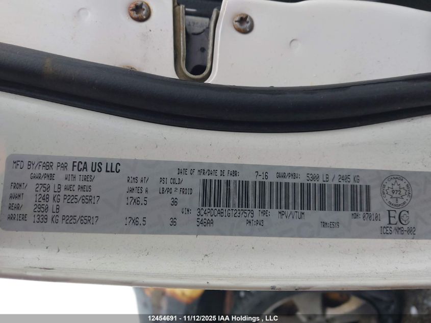 2016 Dodge Journey Se VIN: 3C4PDCAB1GT237579 Lot: 12454691