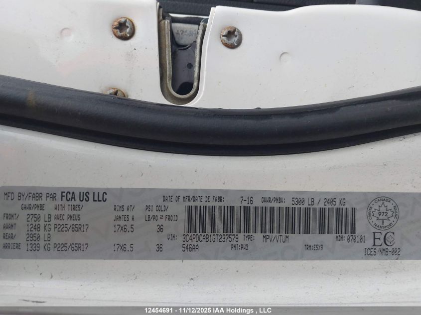 2016 Dodge Journey Se VIN: 3C4PDCAB1GT237579 Lot: 12454691