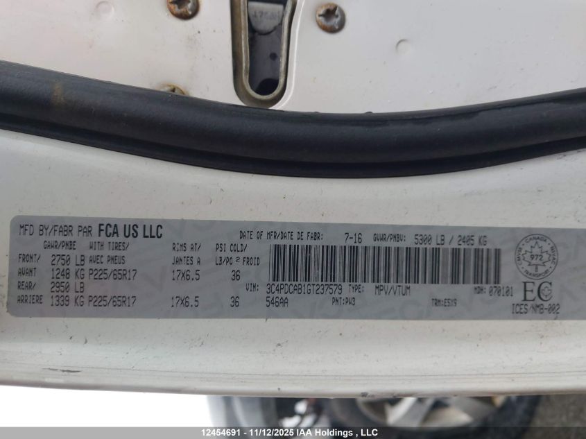 2016 Dodge Journey Se VIN: 3C4PDCAB1GT237579 Lot: 12454691