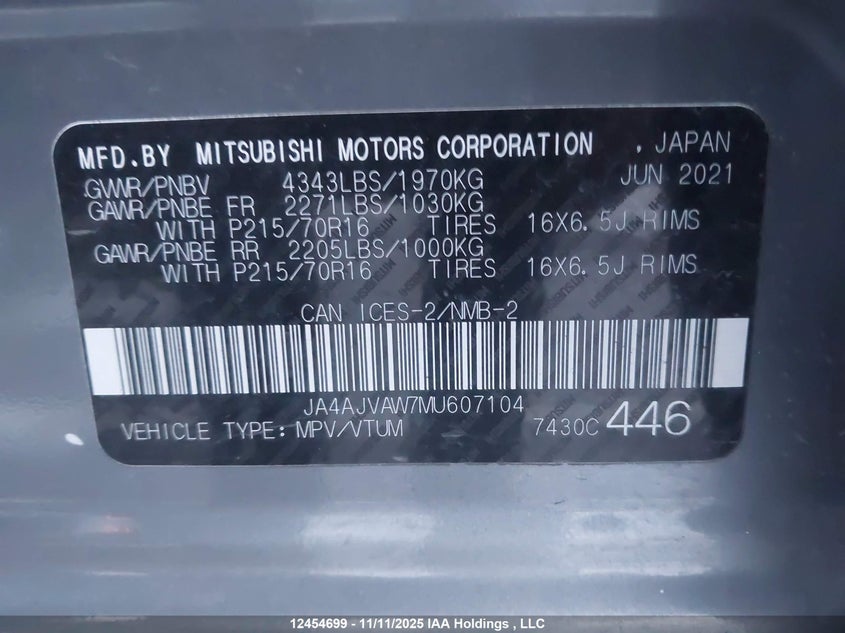 2021 Mitsubishi Rvr Gt/Le/Se/Sel VIN: JA4AJVAW7MU607104 Lot: 12454699