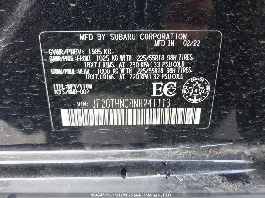 2022 Subaru Crosstrek Limited VIN: JF2GTHNC8NH241113 Lot: 12454701