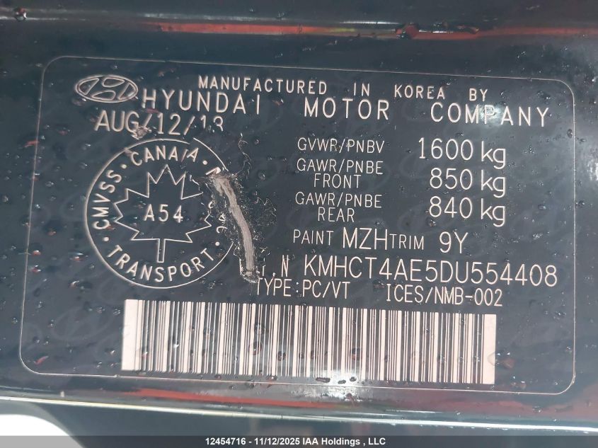 2013 Hyundai Accent Gls/Gs VIN: KMHCT4AE5DU554408 Lot: 12454716