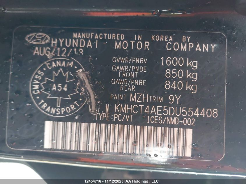 2013 Hyundai Accent Gls/Gs VIN: KMHCT4AE5DU554408 Lot: 12454716