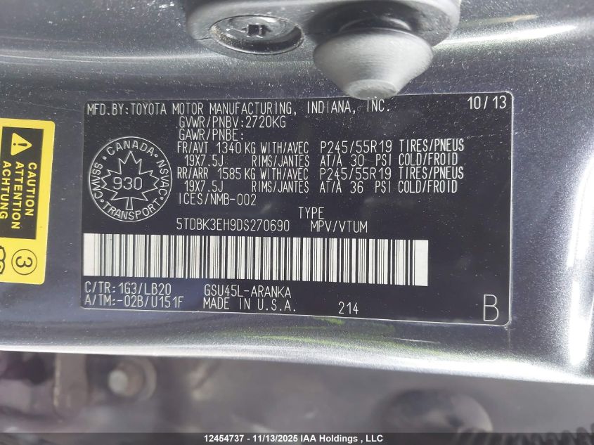 2013 Toyota Highlander Plus/Se VIN: 5TDBK3EH9DS270690 Lot: 12454737