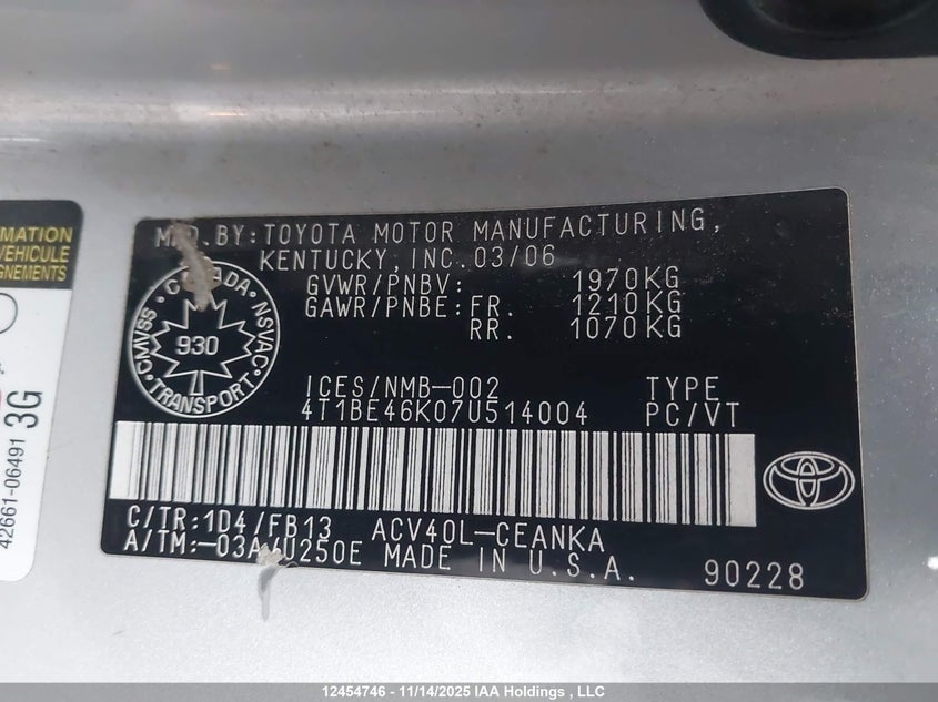 4T1BE46K07U514004 2007 TOYOTA CAMRY photo no. 9