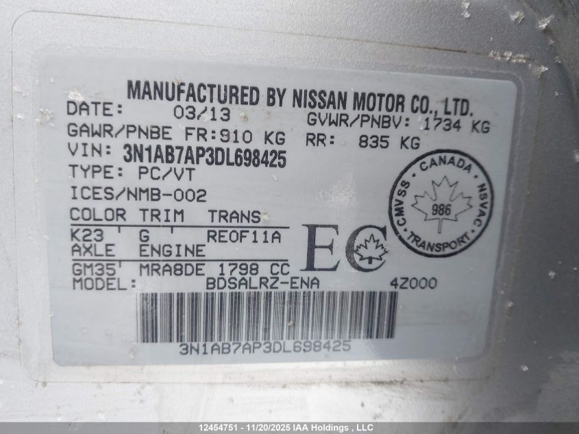 2013 Nissan Sentra 1.8 S/1.8 Sv VIN: 3N1AB7AP3DL698425 Lot: 12454751