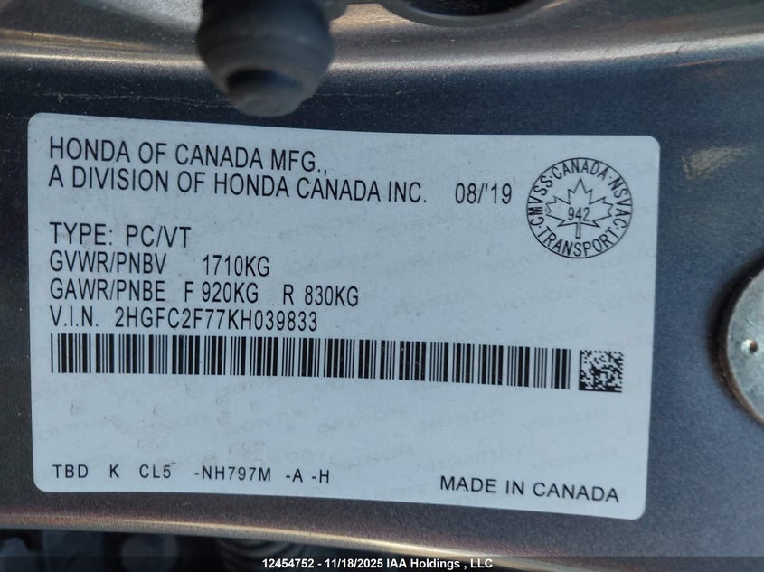 2HGFC2F77KH039833 2019 HONDA CIVIC photo no. 9