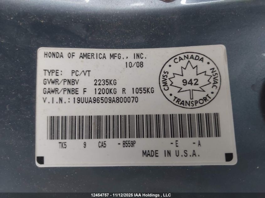 2009 Acura Tl VIN: 19UUA96509A800070 Lot: 12454757