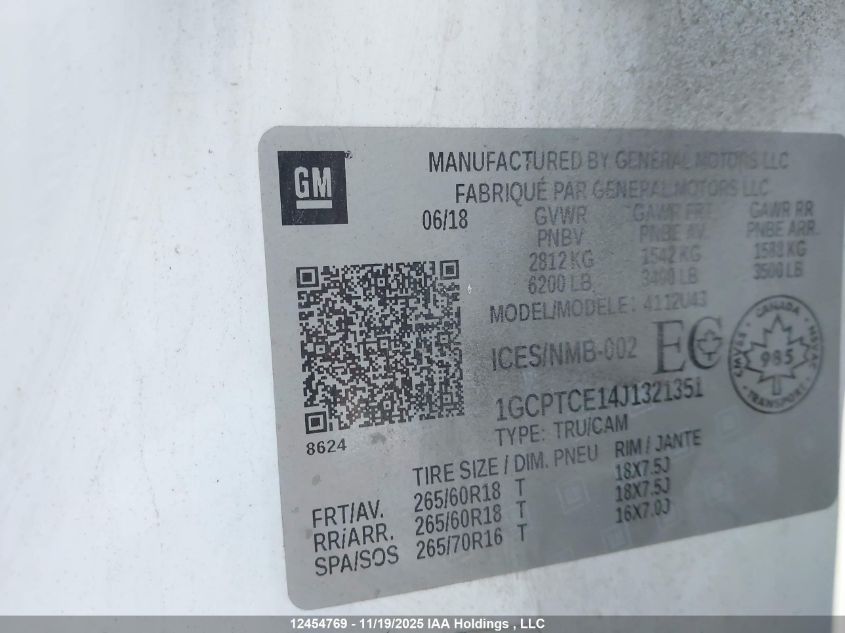 2018 Chevrolet Colorado Lt VIN: 1GCPTCE14J1321351 Lot: 12454769