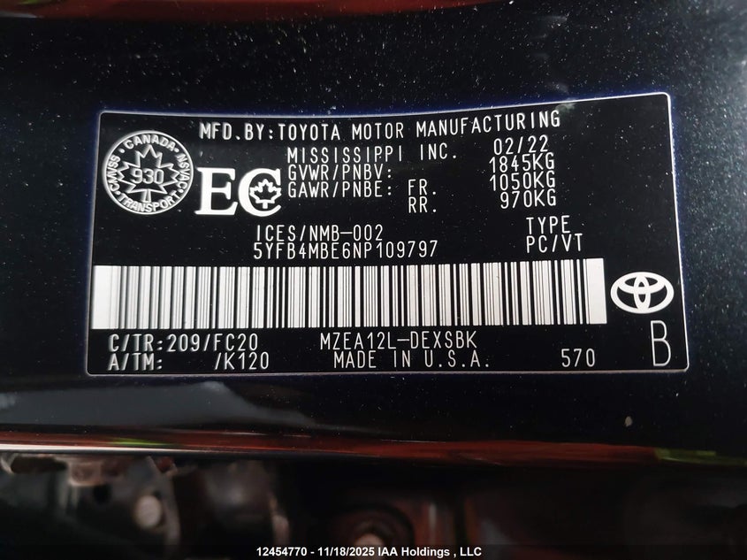 5YFB4MBE6NP109797 2022 TOYOTA COROLLA photo no. 9