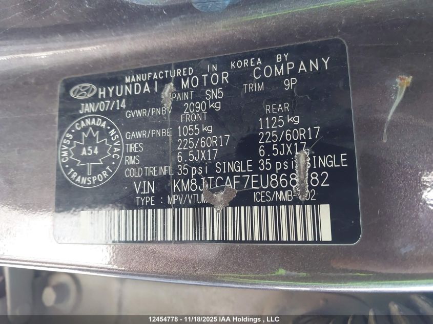 2014 Hyundai Tucson Gl VIN: KM8JTCAF7EU868282 Lot: 12454778