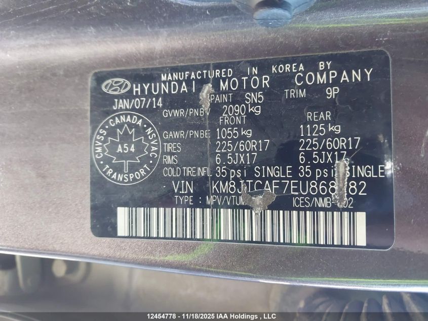 2014 Hyundai Tucson Gl VIN: KM8JTCAF7EU868282 Lot: 12454778