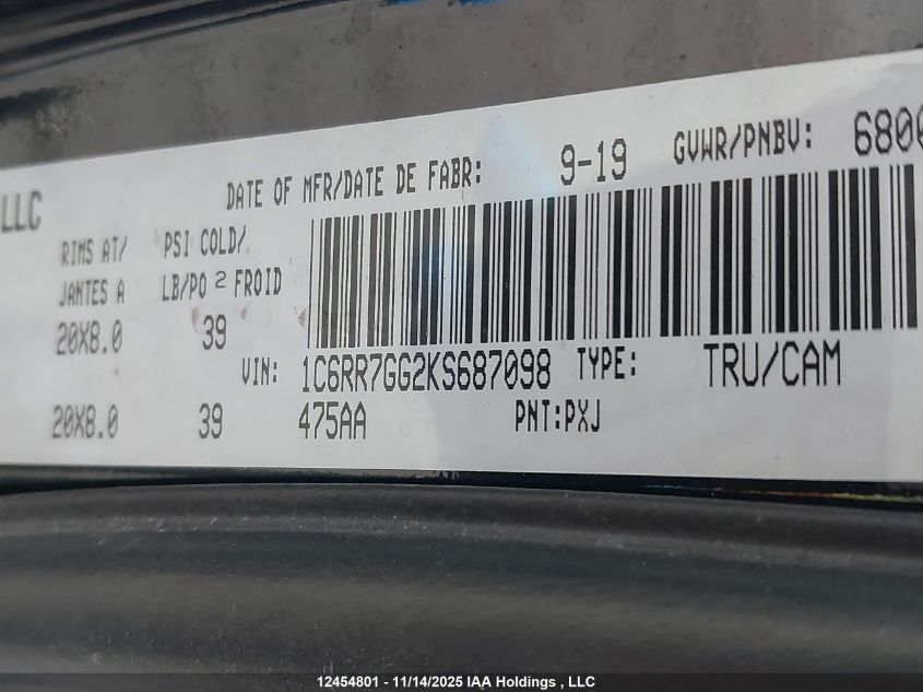 2019 Ram 1500 Classic Slt VIN: 1C6RR7GG2KS687098 Lot: 12454801